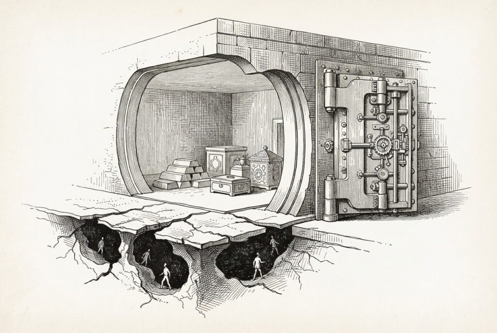 Cross-sectional cutaway of an ornate vault: a massive triple-bolted door dominates the entrance, but the floor beneath the vault interior is paper-thin, cracked, and hollowed out with dark voids. Tiny faceless figures move freely through the hollow space below.