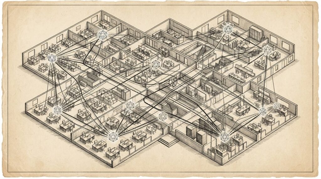 An AI agent mesh network mapped across a corporate headquarters floor plan with cost routing lines visible