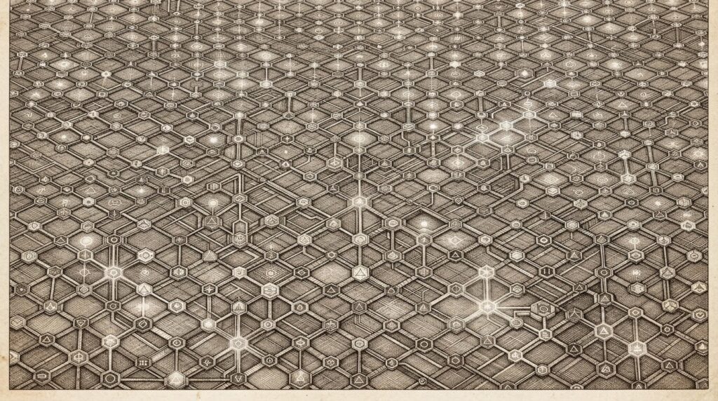 A vast corporate grid or network where each node pulses with an AI agent, symbolizing enterprise-wide agent deployment at scale