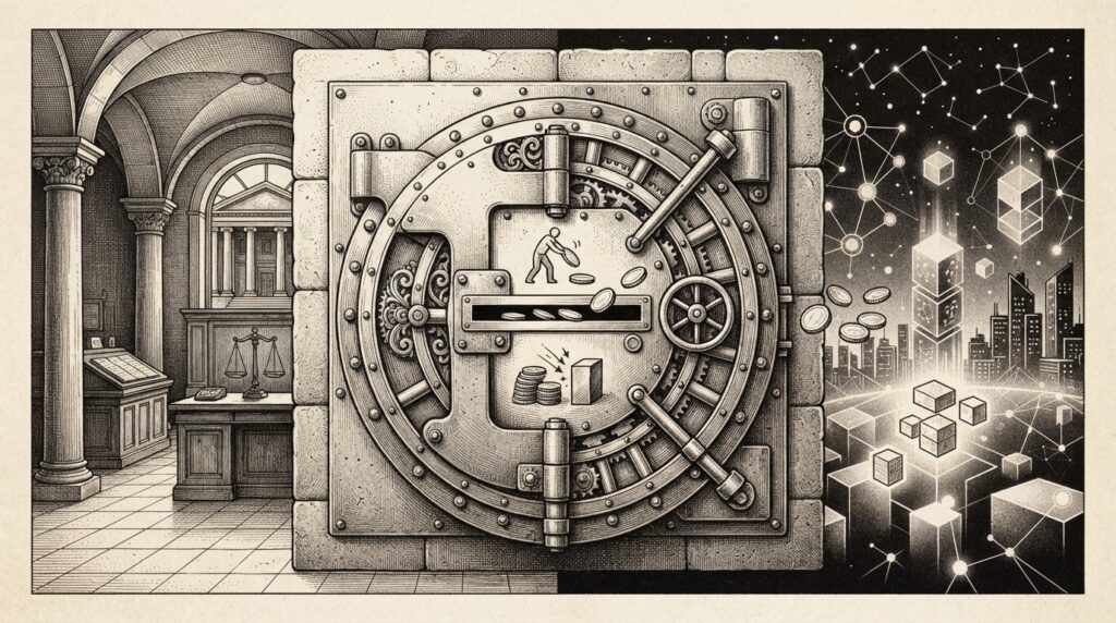 A classical bank vault door with a narrow slot separating active reward coins passing through from blocked passive yield coins, with a bank interior on one side and a crypto-native landscape on the other. Monochrome pen-and-ink engraving.