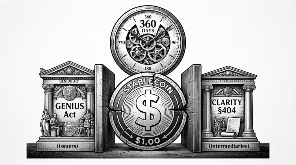 Stablecoin coin caught between two regulatory bookends labeled GENIUS Act and CLARITY Section 404, with a 360-day clock above