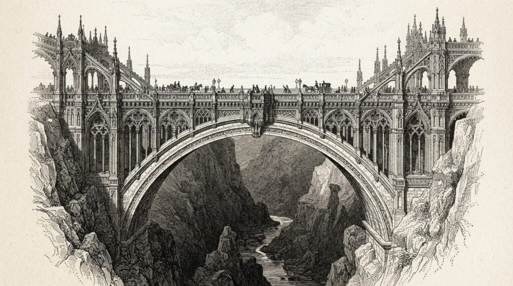 A massive ornate stone bridge spans a deep chasm, resting on a single central arch — the only support carrying the entire weight. Monochrome pen-and-ink engraving.
