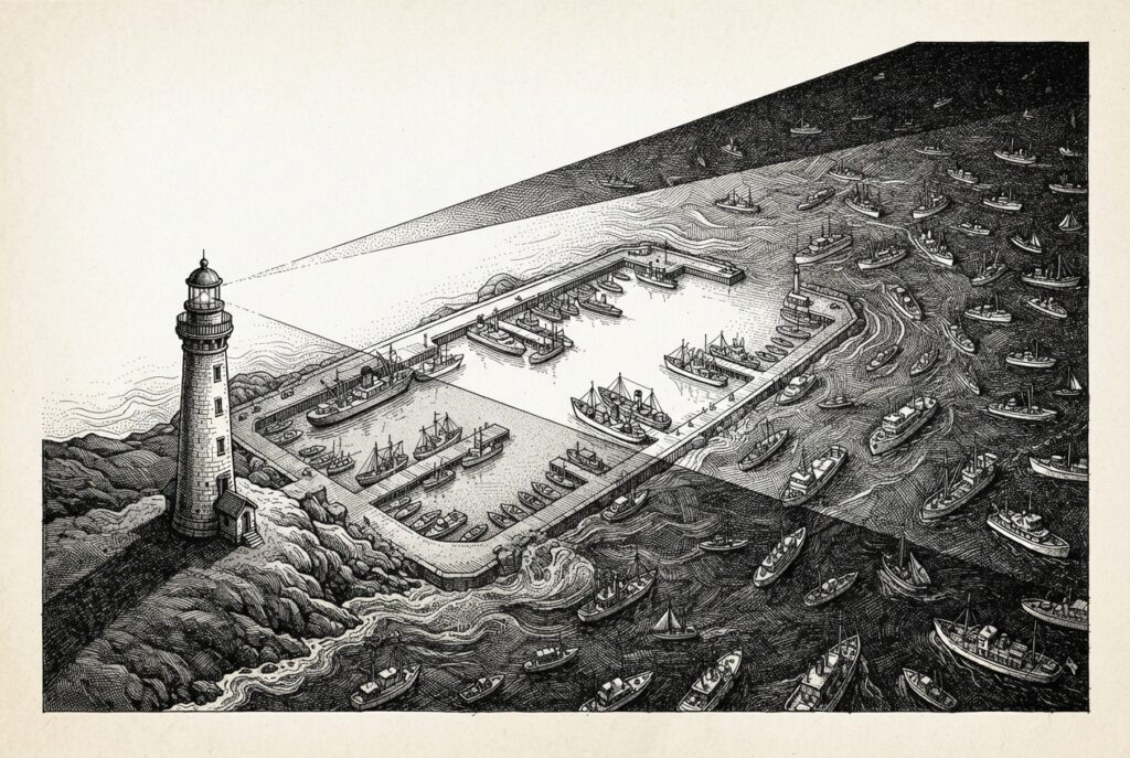 A lighthouse on a shoreline casts its beam diagonally across dark waters, illuminating a protected harbor with orderly inspected vessels. Beyond the light, dark ungoverned waters teem with scattered chaotic craft - the boundary between governed and ungoverned traffic as a visibility primitive.