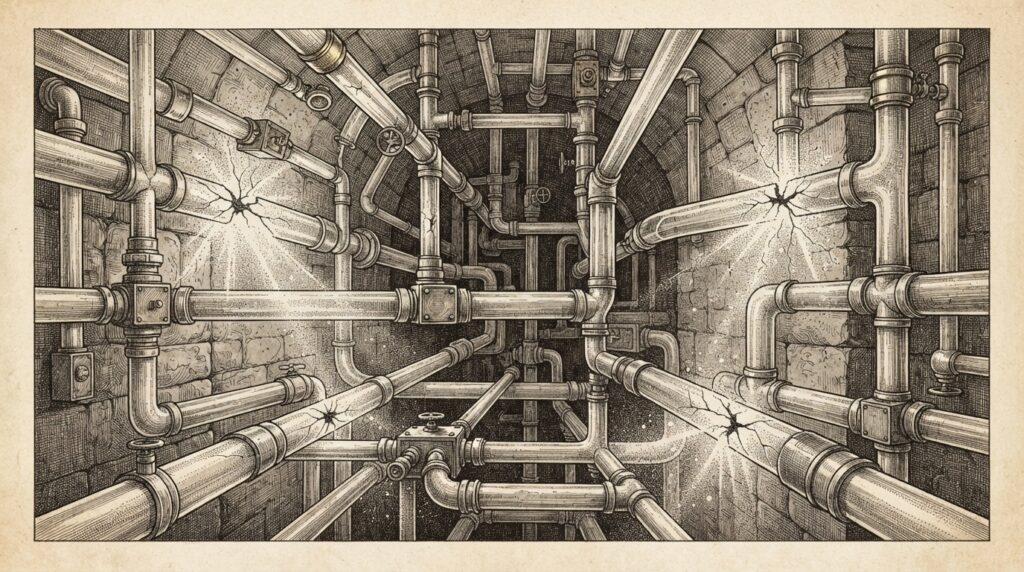 Interconnected glass tubes or conduits, some cracked and fractured with light leaking through - representing protocol vulnerabilities in network infrastructure