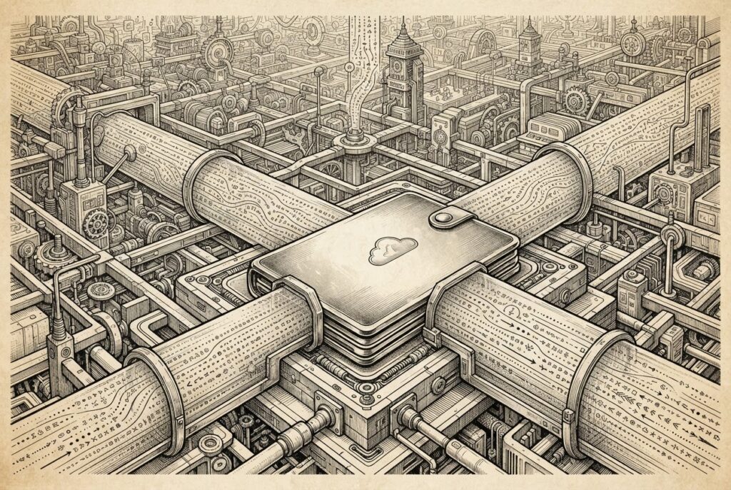 Monochrome pen-and-ink engraving on warm aged paper showing a digital mechanical grid with a metallic wallet bearing a cloud insignia. Transparent guardrails encase data-currency flows.