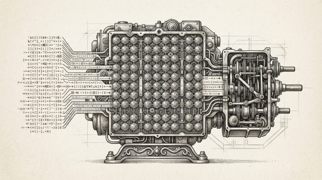 Monochrome pen-and-ink engraving of a clean engine block composed of discrete V8 isolate cells arranged in a grid, with agent data streams flowing through as structured code. The browser is abstracted as a mechanical transmission with no screen, just raw computational flow.