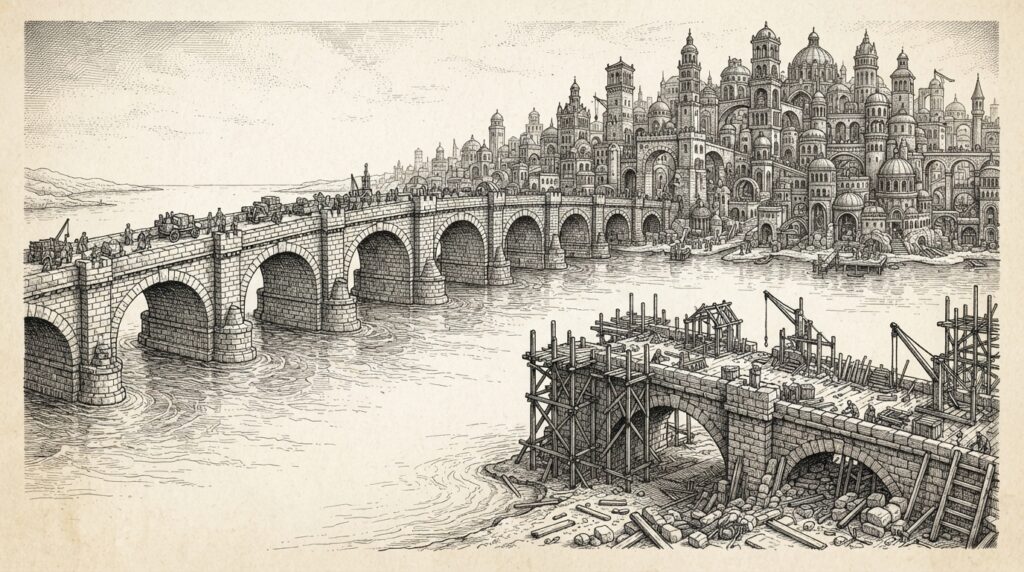 Monochrome pen-and-ink engraving of a completed stone bridge spanning toward a cityscape on one shore, while an incomplete bridge with scaffolding and construction barriers sits unfinished on the other shore, symbolizing regulatory progress versus stagnation.