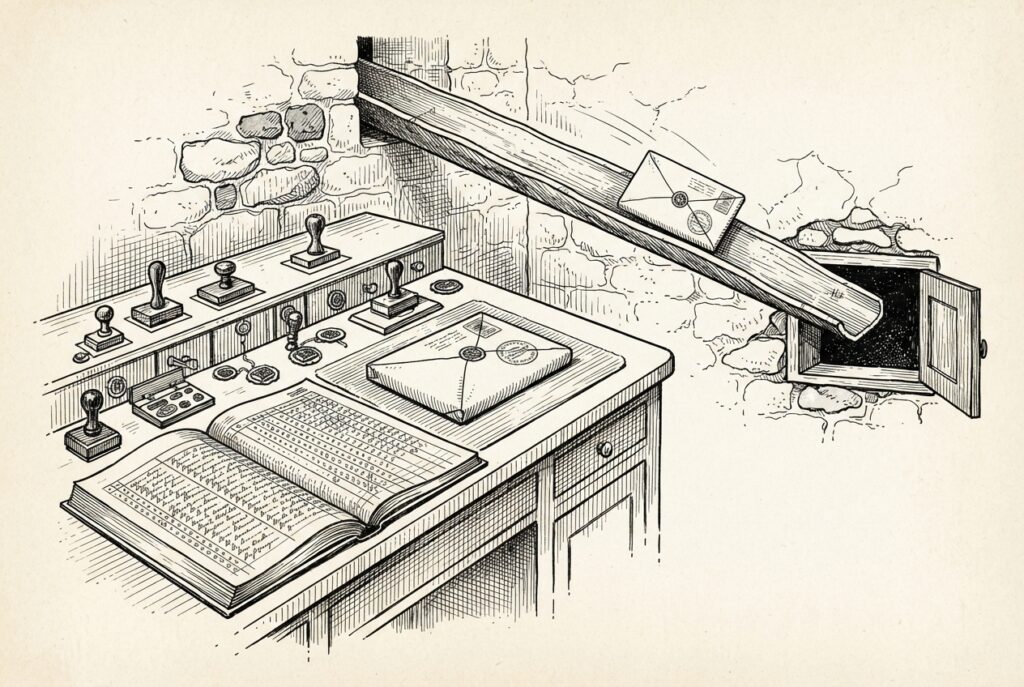 An antique postal dispatch desk with verification stamps and a sealed packet; behind it, a crude chute cut through a masonry wall allows an identical sealed packet to bypass the desk entirely, representing a structural AI agent dispatch layer vulnerability.