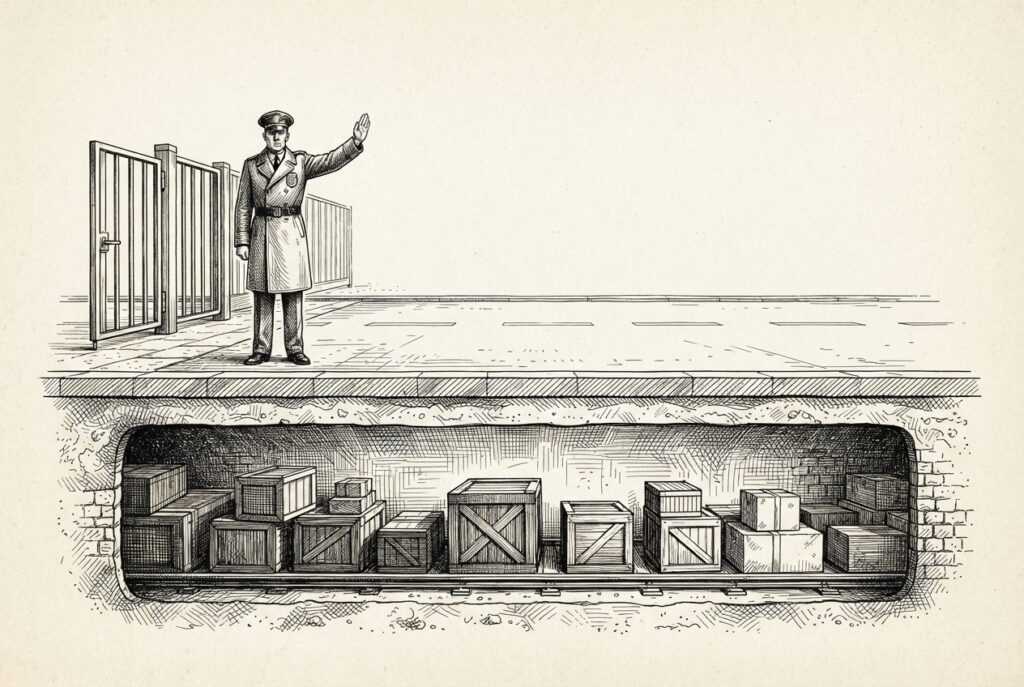Cross-section of a customs checkpoint where an inspector checks nothing at the gate, while sealed crates flow through an underground tunnel beneath him - the dispatch layer bypasses the inspection layer entirely.