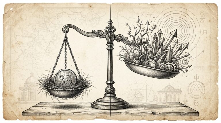 Monochrome engraving of a balance scale with two dramatically different pans - one deflated and small representing the bear case, the other expansive and rising representing the bull case - illustrating extreme analyst divergence on Circle's valuation