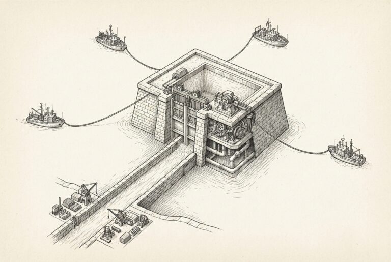 Engraved harbor diagram showing four research vessels tethered to one fixed reservoir while a separate straight canal feeds a compact industrial dock.