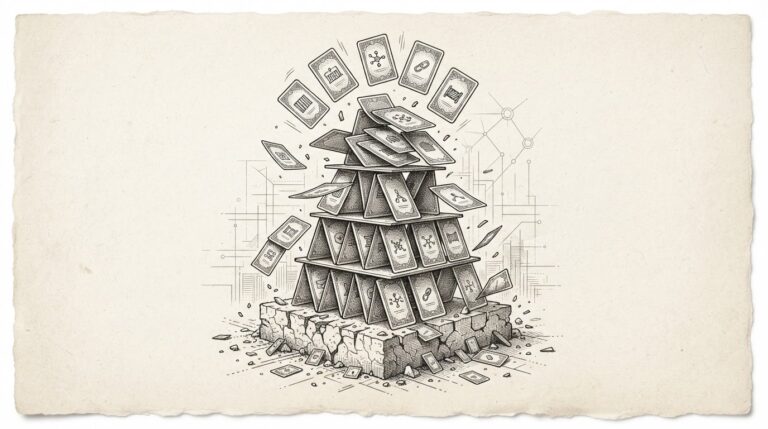 Layered agent runtime stack as a collapsing house of cards, with each card labeled by attack surface — sandbox, gateway, MCP, guardrail — representing structural vulnerabilities exposed at DEF CON 34.