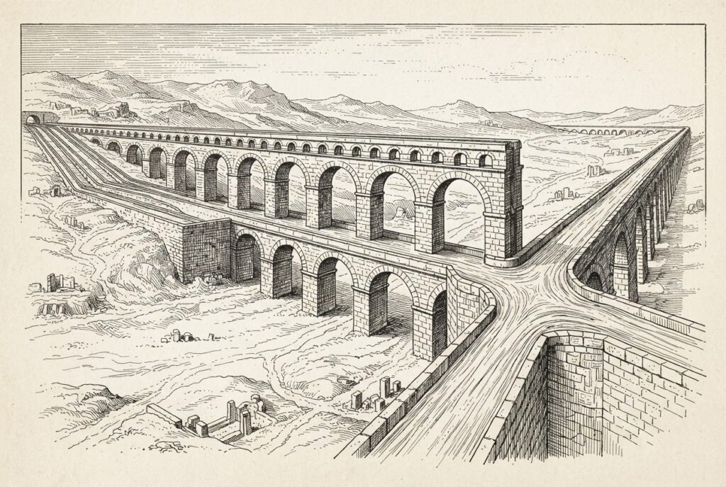 Pen-and-ink engraving of a vast ancient aqueduct system with multiple separate stone channels converging into one wide main channel, representing different institutional workflows merging into unified tokenized infrastructure.