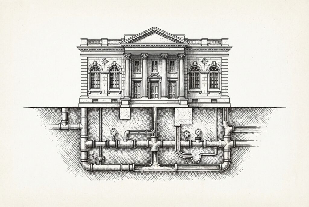 A cross-section engineering diagram showing an ornate classical building above ground with a network of pipes and valves below - representing the FASB accounting standards as the quiet plumbing infrastructure that enables visible regulatory architecture.