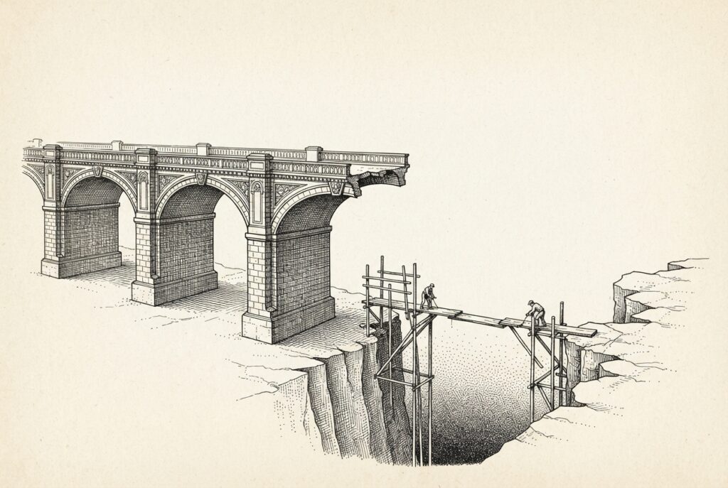 A grand stone bridge with three completed ornate spans ending at a raw, gaping gap in the void, with small figures building improvised scaffolding across the chasm - depicting the US federal government's missing agent governance framework while other jurisdictions have built theirs.