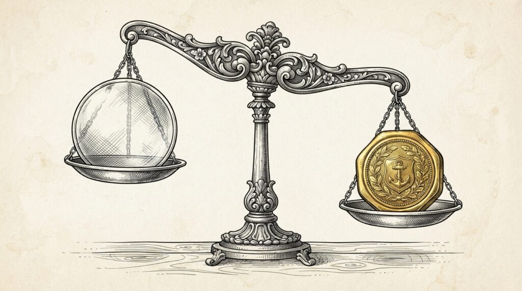 Pen-and-ink engraving of a classical balance scale with a translucent glass pane on the left pan representing transparency and a solid golden seal on the right pan representing fiduciary duty, the right pan weighing heavier and tipping the scale downward
