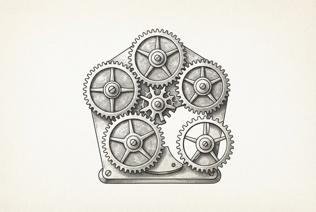 Pen-and-ink engraving of a complex mechanical clockwork mechanism viewed from above, with five separate gear assemblies arranged in a loose pentagon - four gears nearly meshing with their neighbors but the fifth gear still has a visible gap of empty space between it and the rest, representing five regulatory tracks converging into a single institutional framework with the final rules still missing.