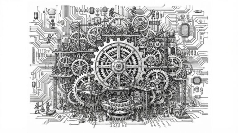 Monochrome pen-and-ink engraving of tiered gear systems and autonomous agents repairing circuit board traces, representing DeepSeek's agentic pricing disruption