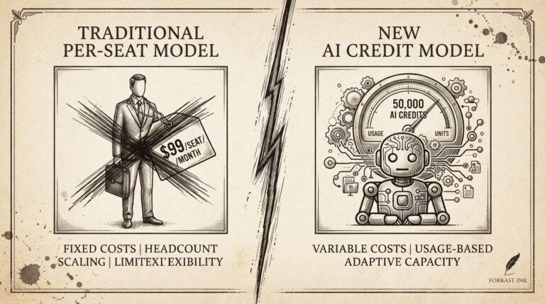 Monochrome editorial engraving of a SaaS pricing page with two columns: left column shows a human figure with a price tag crossed out, right column shows an agent icon with a meter. The transition captures the structural shift from per-seat pricing to AI credit consumption.