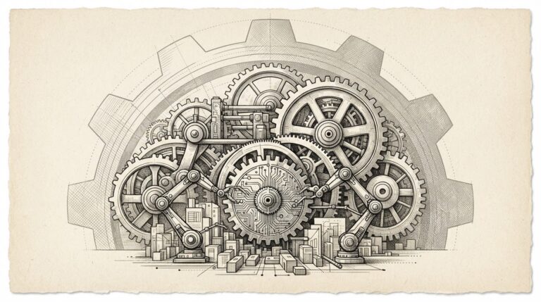 Monochrome editorial engraving of a small intricate gear mechanism with circuit-board traces driving a larger gear system, with robotic agent arms performing tasks — conveying a compact model powering disproportionate agentic capability.