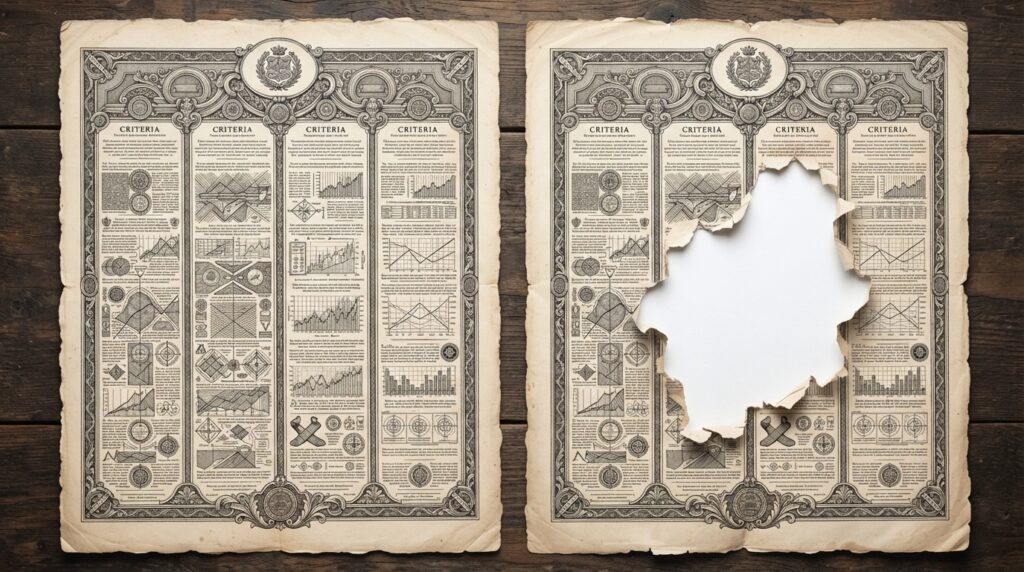 Monochrome engraving of two regulatory documents — one complete, one with a conspicuous blank section representing deliberate omission of agent disclosure rules