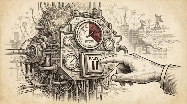 Monochrome pen-and-ink engraving showing an AI safety framework gauge reaching a Critical threshold while a hand pauses the machine