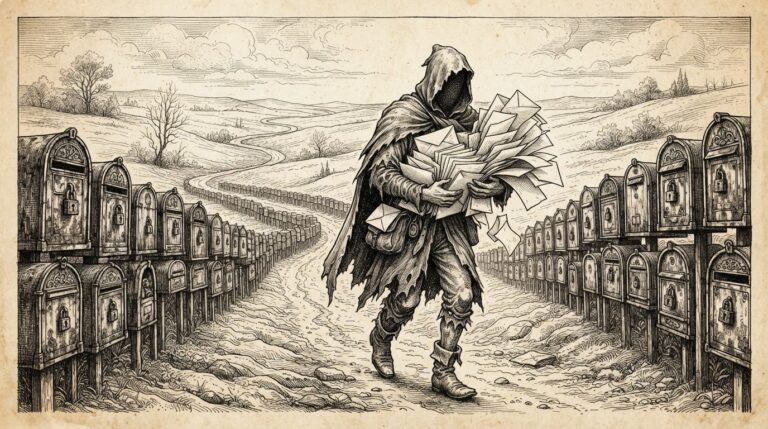 Monochrome pen-and-ink engraving of a faceless messenger carrying opened letters past rows of locked mailboxes