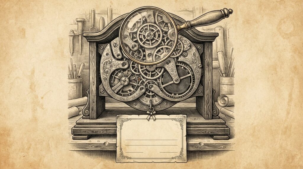 Pen-and-ink engraving of a magnifying glass examining an ornate clockwork mechanism with a conspicuously blank specification document hanging below it - depicting capability without accountability documentation