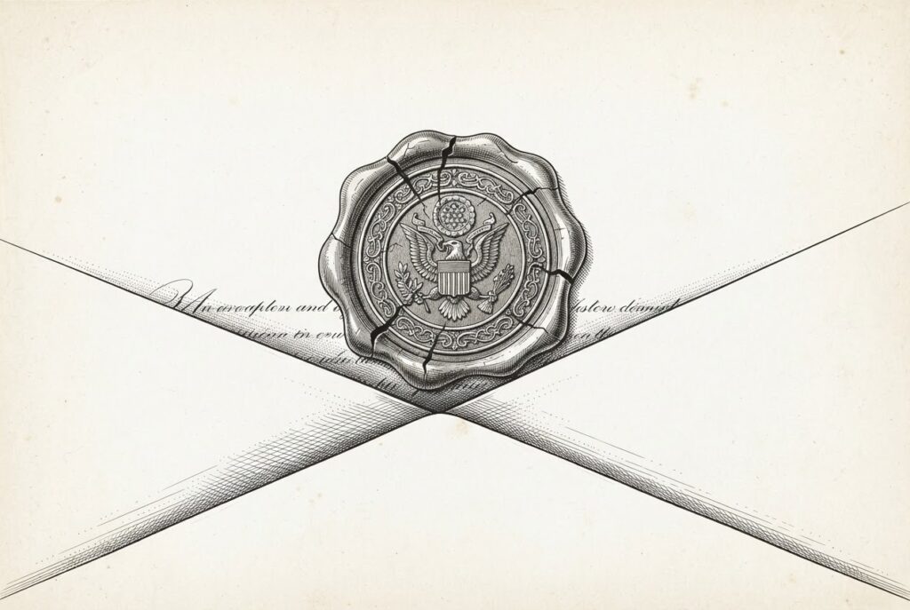 An ornate wax seal pressed onto a partially folded legal document - the seal is authentic and detailed, but the fold hides the full contents beneath. Conceptual illustration of audit certification that is genuine but structurally incomplete.