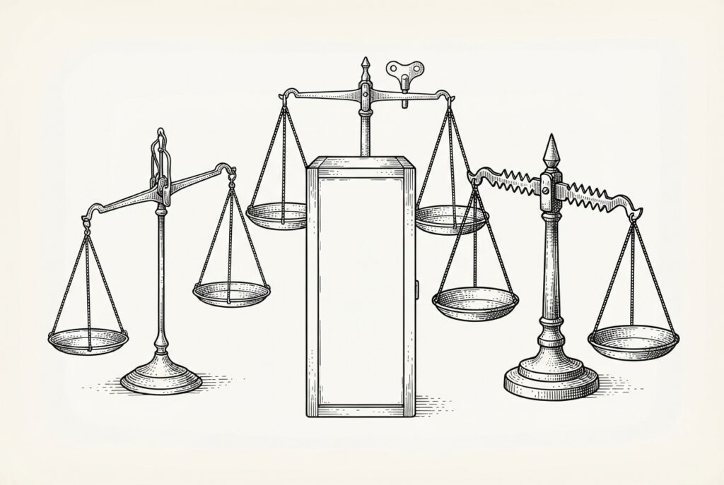 Three antique balance scales surrounding a single unmarked rectangular case; different enforcement mechanisms on each scale, same object without a label
