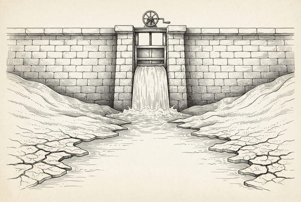 A massive stone dam with its gate deliberately opened, water pouring into a dry cracked valley below - the FTC releasing enforcement pressure it built up, with the landscape downstream transforming as a result. Monochrome pen-and-ink engraving.
