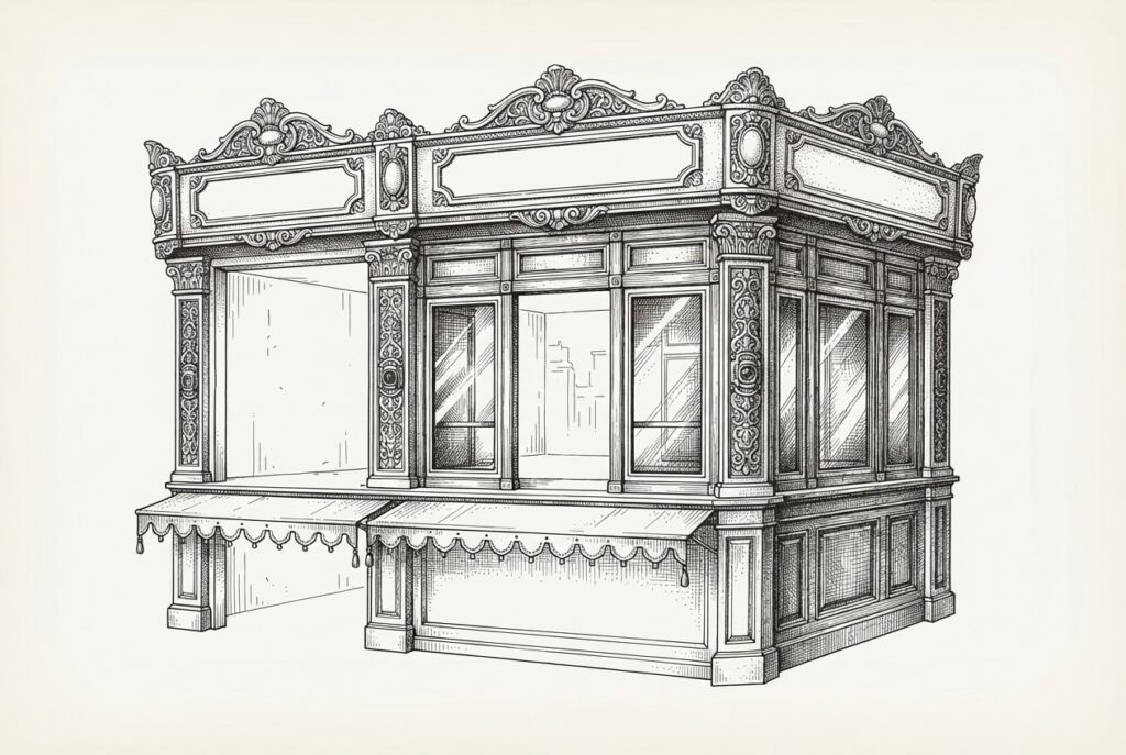 Ornate engraved storefront facade with intricate details but empty void behind it - the marketing was the product, not the technology