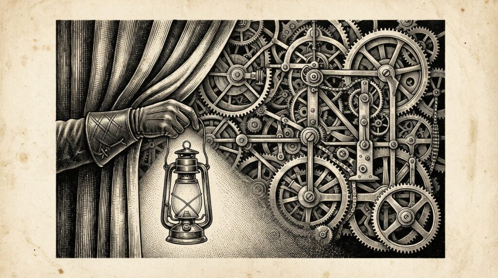 A gloved hand pulls aside a heavy curtain while holding a lantern, revealing an intricate mechanism of interlocking gears and cogs behind it — representing the FTC forcing visibility into the hidden machinery of algorithmic personalized pricing.