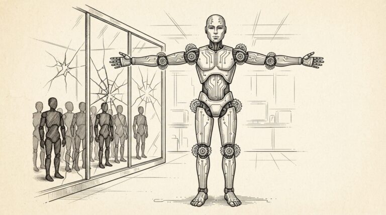 A humanoid robot with circuit-board traces running from feet to fingertips, three gear mechanisms at major joints, separated by a cracked glass wall from rows of Chinese robot silhouettes. Monochrome pen-and-ink engraving on warm paper.
