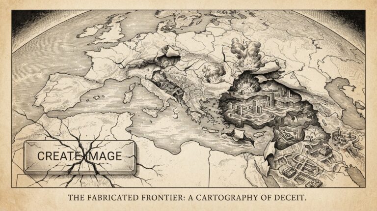 Satellite view of Earth with map surface cracking to reveal AI-generated imagery beneath, featuring a 'create image' button breaking apart