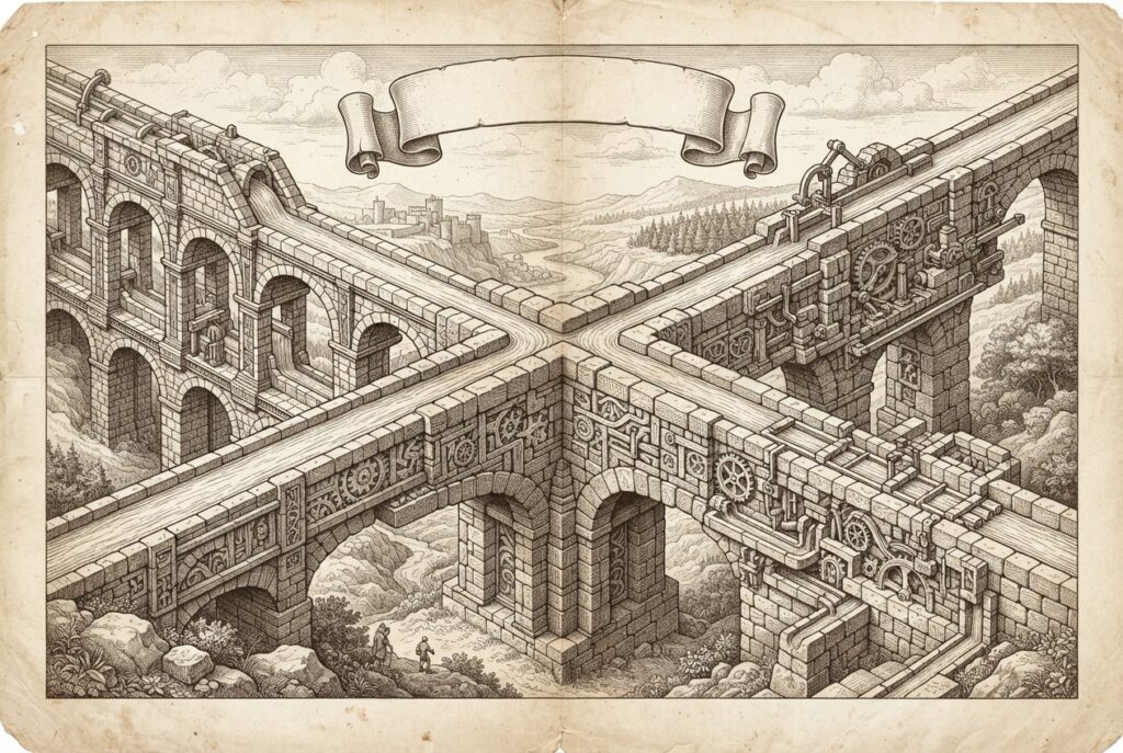 Two distinct, elaborate stone aqueduct systems (representing agent-to-agent and agent-to-tool protocols) converging at a single, massive architectural junction point beneath a neutral banner. The junction is held together by precise, interlocking stones. Monochrome pen-and-ink engraving on warm paper.