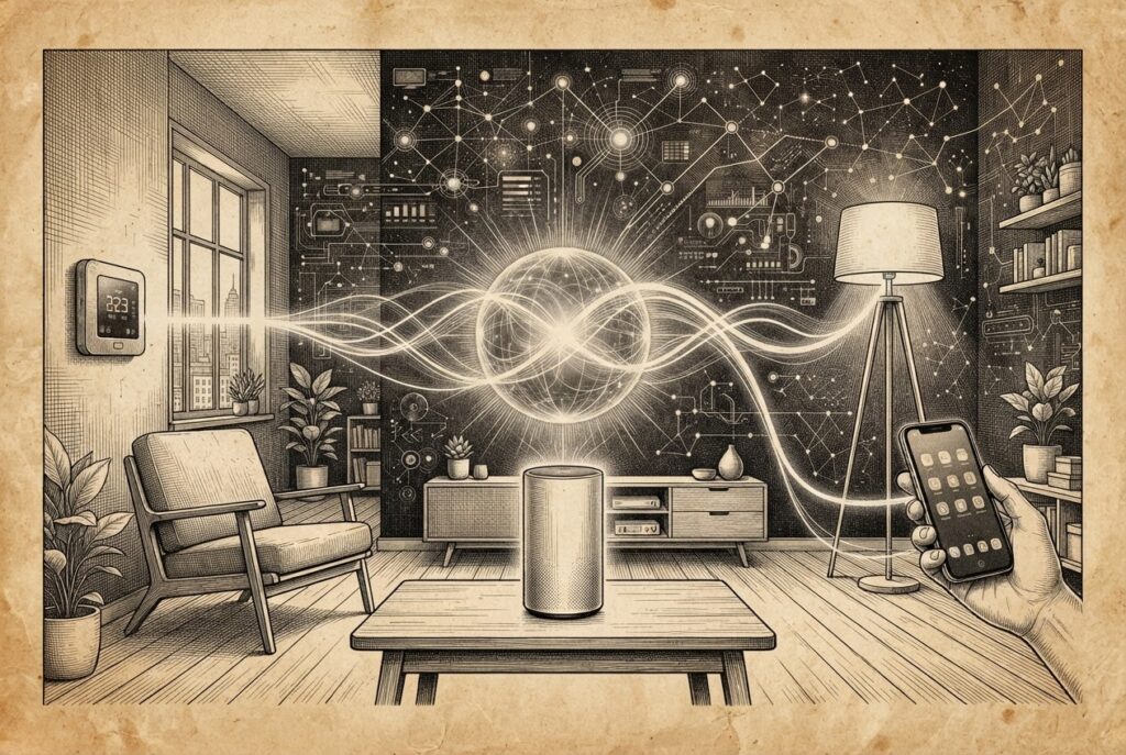 Monochrome pen-and-ink engraving on warm aged paper showing a minimalist smart home interior with a glowing digital orb (Gemini) floating above a speaker, with light lines connecting objects.