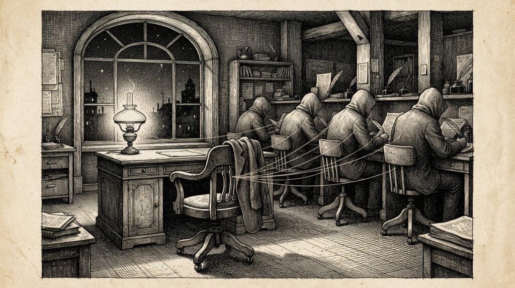 Monochrome pen-and-ink engraving of a night office: an empty desk chair under a burning lamp with a folded jacket on the back, while four faceless figures work at adjacent desks behind it - the absent human is the focal center. Thin filaments trace from the empty chair to each worker.