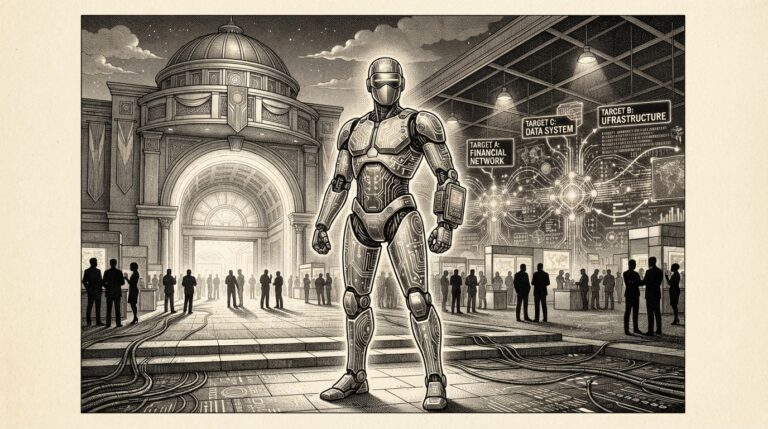 Monochrome pen-and-ink engraving of a robotic AI agent with circuit-board traces standing at the entrance of a Las Vegas convention hall, facing sandboxed security targets. Editorial engraving on warm paper, Forkast Ink style.