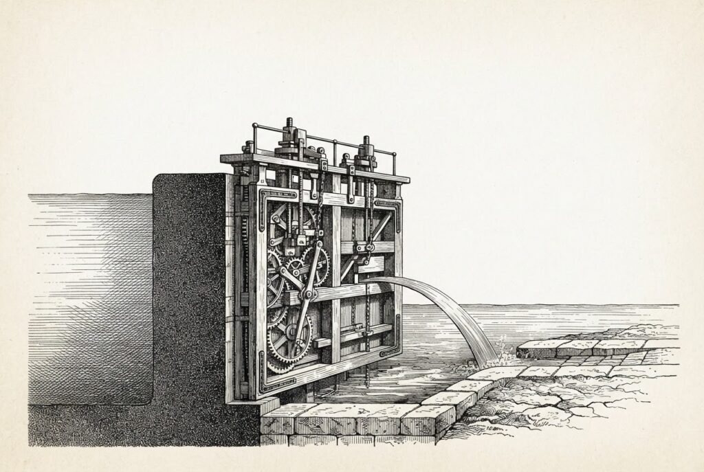 Monochrome pen-and-ink engraving of a canal lock gate in cross-section — a precision-engineered mechanism bridging two very different water levels, with a thin controlled stream flowing through the narrow opening. The specific, engineered solution that enables passage where generic tools cannot.