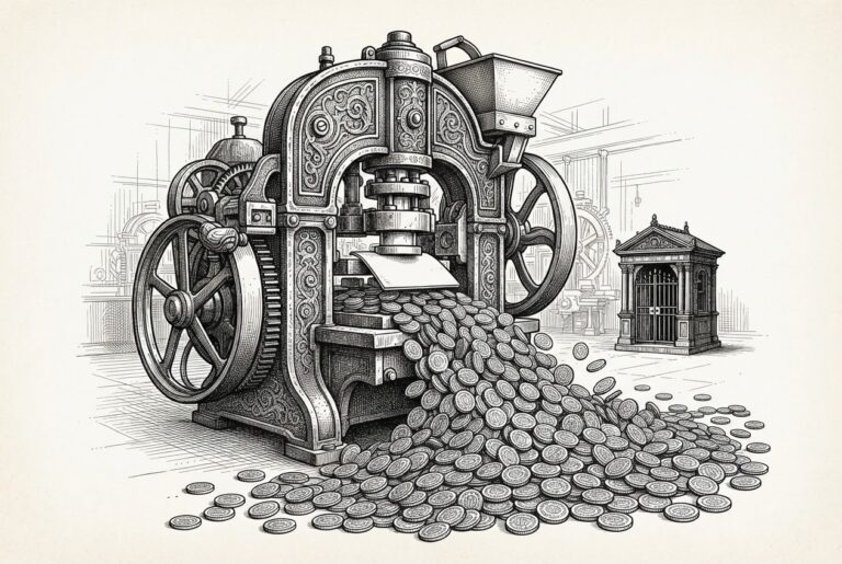 Hand-drawn engraving of an antique coin-minting press flooding the foreground with identical medallions while a small abandoned tollhouse sits idle in the background — a metaphor for free open-weight models rendering the paid API toll-gate obsolete.