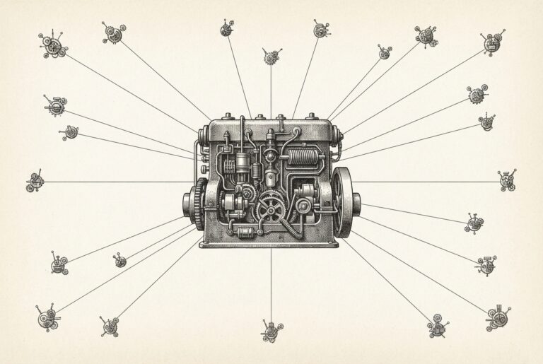 Hand-drawn engraving of an antique scientific plate showing a heavy central training engine with fine lines radiating to many small autonomous edge units — a metaphor for inference dispersing from the cloud to the device.