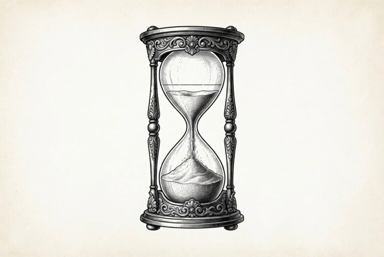 Hand-drawn engraving of an ornate antique hourglass — sand pouring through the narrow waist while the top bulb empties and the bottom bulb accumulates — a metaphor for USDC's record transaction volume flowing through the settlement layer even as its supply contracts.