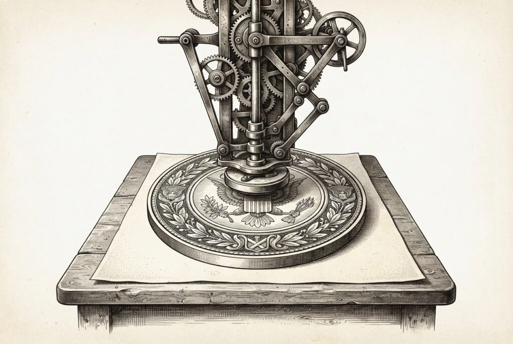 A formal government seal being pressed by mechanical apparatus - automated gears and levers rather than a human hand - representing federal vulnerability mandates triggered by autonomous agent exploitation.