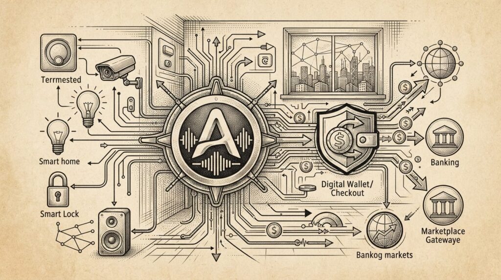 Monochrome editorial illustration showing a conceptual rendering of a smart home interface with a protocol connection point merging with a digital wallet/checkout symbol representing Alexa+ MCP agentic commerce.