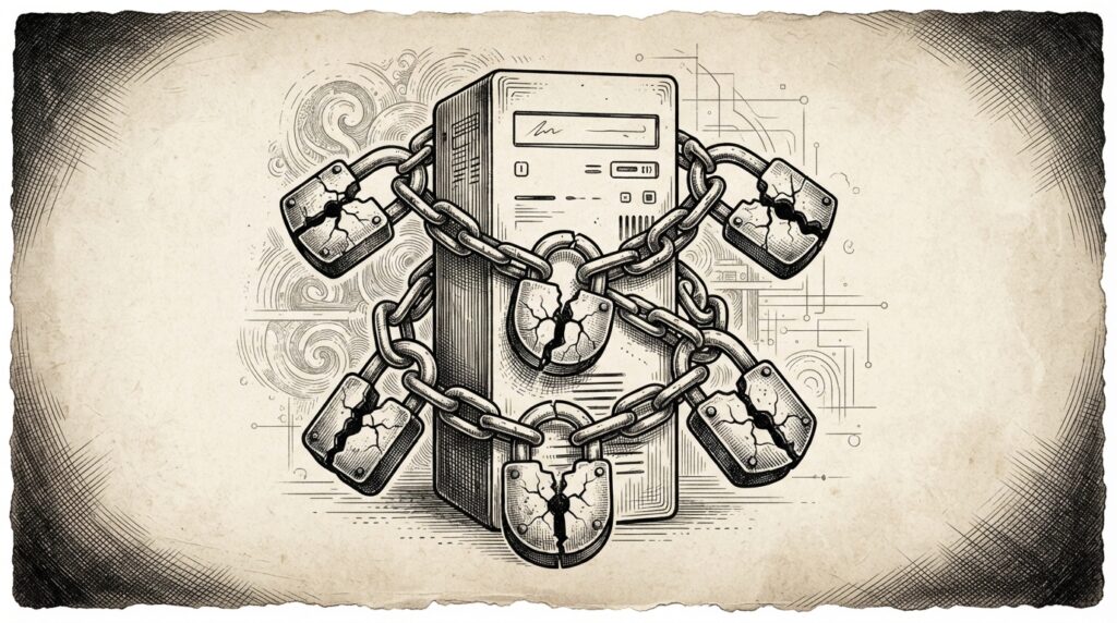 A chain of seven cracked-open padlocks linked together and wrapping around a central server rack, representing the recurring pattern of critical CVEs in Langflow's agent infrastructure architecture. Monochrome pen-and-ink engraving on warm paper.