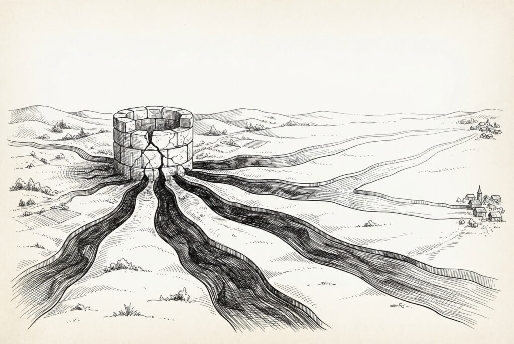 A cracked ancient stone well at center-left feeds branching channels spreading rightward across a landscape toward distant settlements. Three central channels are rendered with dense, heavy cross-hatching showing contamination spreading through them. Two outer channels remain lightly hatched - clean but inevitably in the path. The junction where clean meets contaminated is the focal point. The idea: a single trusted source everyone draws from has been poisoned, and the corruption flows automatically through every connected channel without waiting for anyone to actively draw from it.