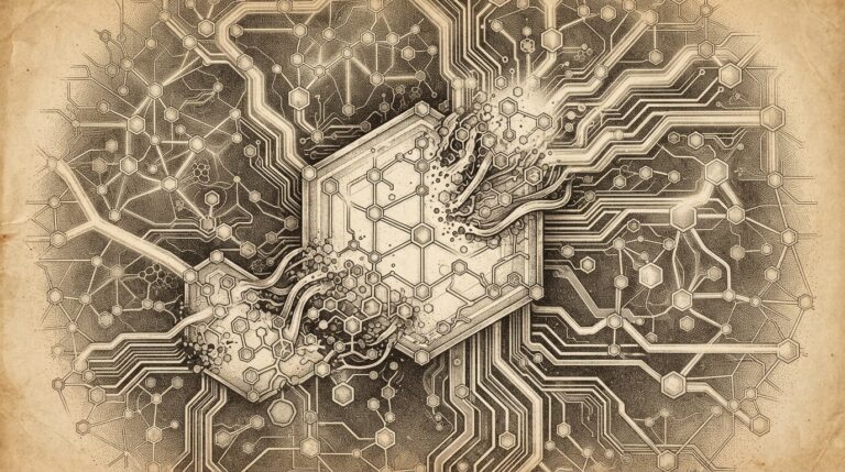 Monochrome engraving of a vast global payments network absorbing a smaller blockchain infrastructure layer, with on-chain nodes merging into dominant payment pathways, representing integration over partnership