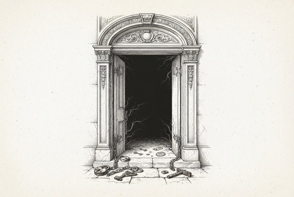 An ornate classical doorway with double doors swung inward, revealing a dark void beyond. On the steps and floor before the entrance, heavy iron locks, chains, padlocks, and keys lie scattered and unused. Dark ink tendrils seep around and through the open doorway into the interior - the vulnerability is not a breach but an absence of security, locks that existed but were never deployed.