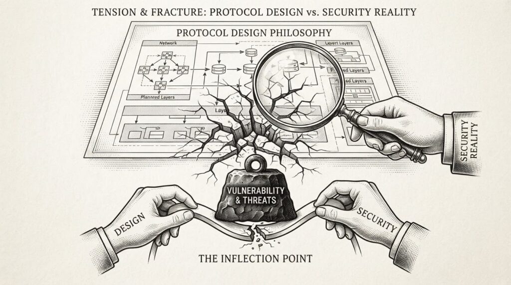 Tension between protocol design and security reality depicted as a blueprint tested by a magnifying glass revealing cracks